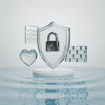 Cybersecurity concept with glass shield metal padlock and floating heart symbol over water security protection pedestal transparent reflection abstract internet floating business encryption