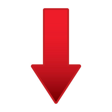 Red downward pointing arrow icon with dark outline isolated on white background vector illustration. Abstract flat graphic design for economic crisis debt bankruptcy recession and market crash art.