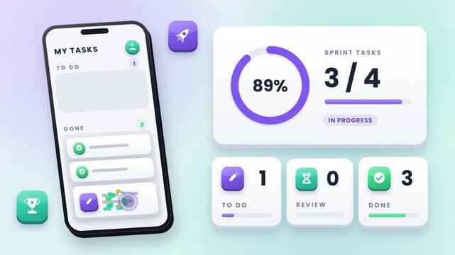 Task board with completed work items in a mobile app concept for remote team project management and progress tracking animation