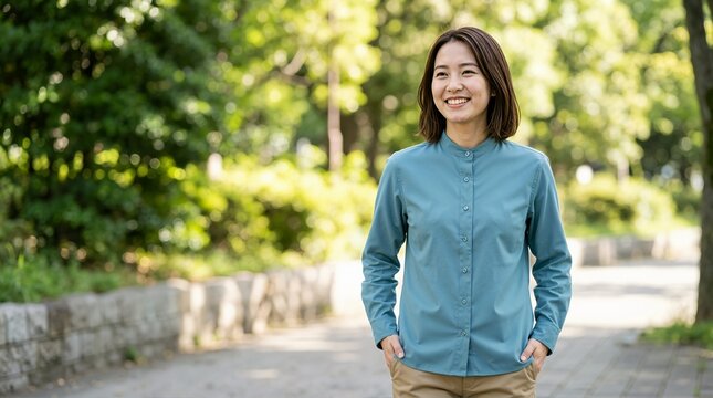 Smiling young woman wearing a teal shirt with mandarin collar outdoors. Asian female walking in a green city park with hands in pockets. Casual summer fashion and lifestyle concept