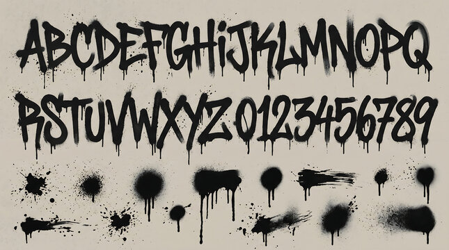 Graffiti alphabet and numbers set with black ink splatter and spray paint drip effects on a plain background