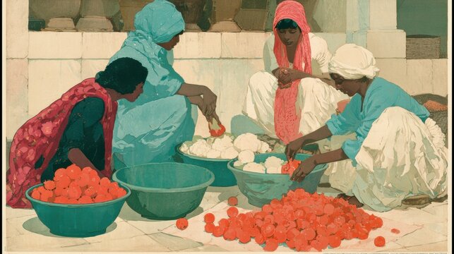 Four people are selecting and sorting fruits in a market scene, surrounded by vibrant colors and traditional baskets.