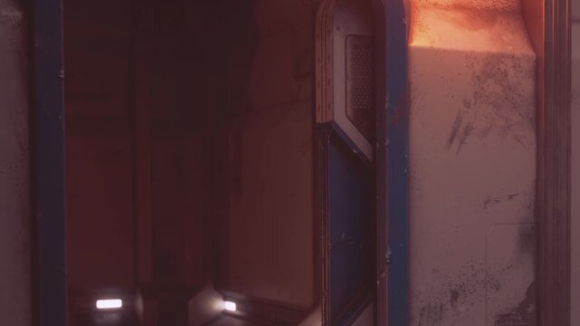 A dimly lit corridor offers an intriguing glimpse of futuristic design. Soft orange lights illuminate worn walls, creating an atmosphere full of wonder and curiosity.