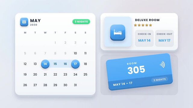 Hotel room booking with date selection concept for online travel reservation and holiday accommodation planning animation