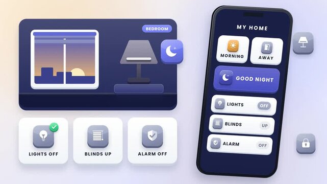 Smart home good night scene in a mobile app concept for automated bedtime routine and lights and locks control animation