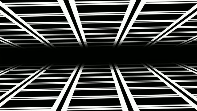 An abstract black and white optical illusion of a 3D grid or tunnel receding into darkness, with parallel white lines and black stripes creating a sense of depth and perspective