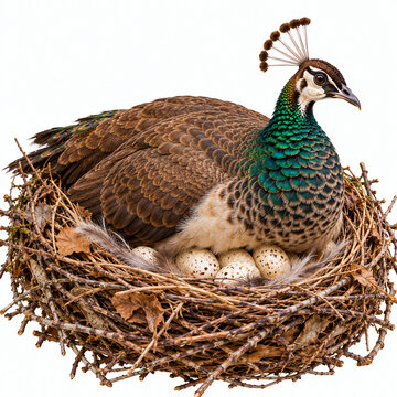 This is a photo of an Indian Peafowl (Pavo cristatus) on white background isolated 