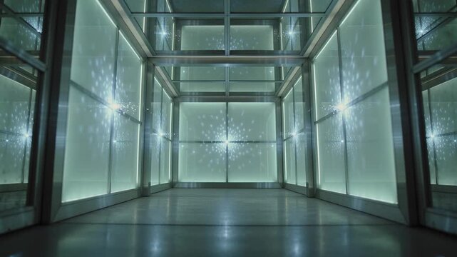Shifting light moving frosted glass cube from warm amber to cool cyan in gallery reflecting mirror