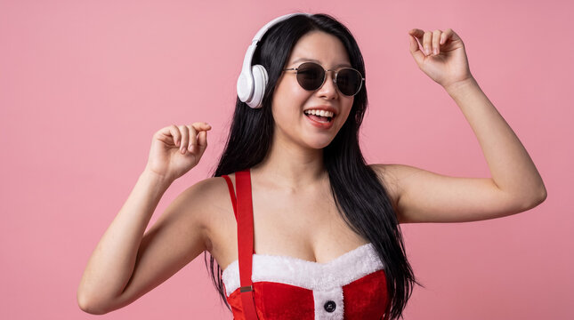 Happy asian woman in red santa outfit dancing listening to music with headphones