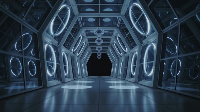 Sliding camera triggered by programmed lights revealing hexagonal glass corridor