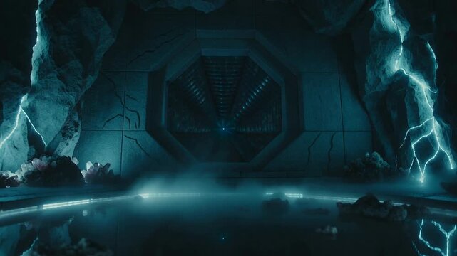 Pulsing octagonal portal cycling magenta and white blue in subterranean chamber, reflecting in pool