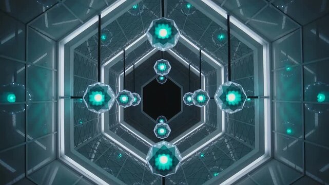 Sequence starting pendants shifting in mirrored hex rings, turning teal-magenta, creating pattern