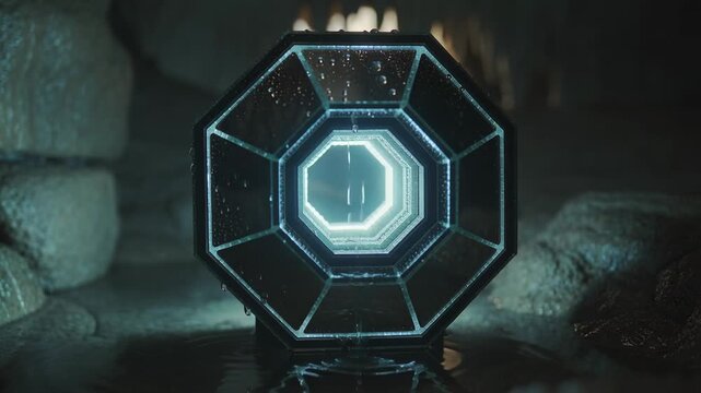 Core brightening, pulsing octagonal metal device emitting blue-white rings in cave pool