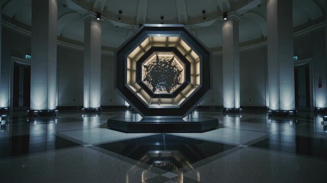 Displaying octagonal exhibit pulsing central disk ripples in rotunda lighting changing for display