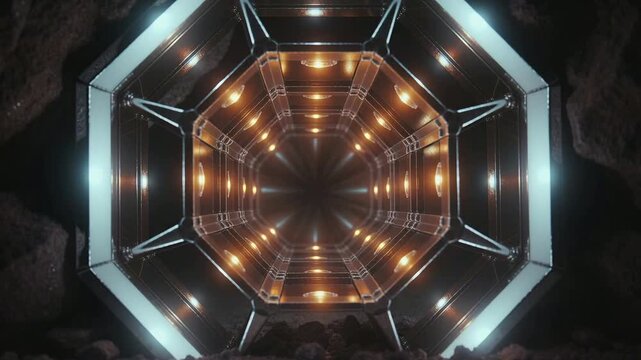 Ring activating, 8-sided metal portal forming radial reflections and changing color in rock cavern