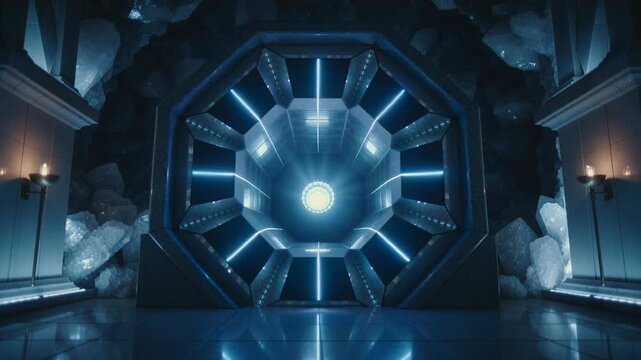 Brightening octagonal portal core driving radial spokes pulsing in vault, reaching full light