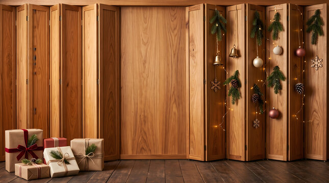 Warm holiday scene with gifts and decorated wooden wall for festive celebrations
