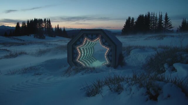 Pulsing octagonal portal lights cycling shifting star lights in snow field casting glowing trails
