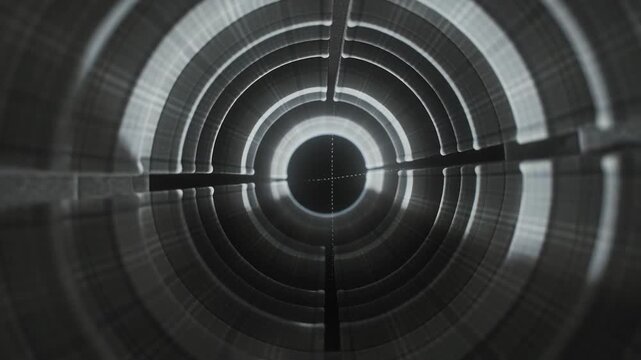 Pulsing ringed shaft moving and tilting inside metal tunnel, with halo, crosshair, struts aligning