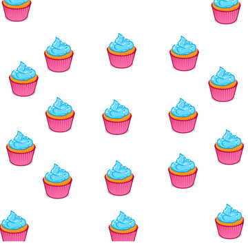 Colorful sweet cupcakes with pink wrappers and blue frosting seamless pattern design on solid black background