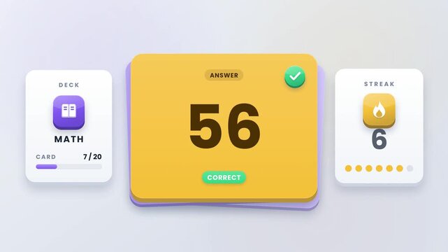 Math flashcard study practice concept for memory training and school subject revision in a digital learning app animation