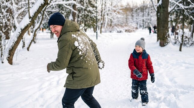 Child throwing snowball at adult
