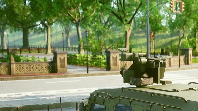 A military vehicle is stationed in a peaceful park surrounded by trees. The sun shines brightly on well maintained pathways, creating a serene atmosphere filled with greenery.