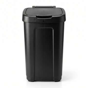 Black plastic trash bin isolated on white background