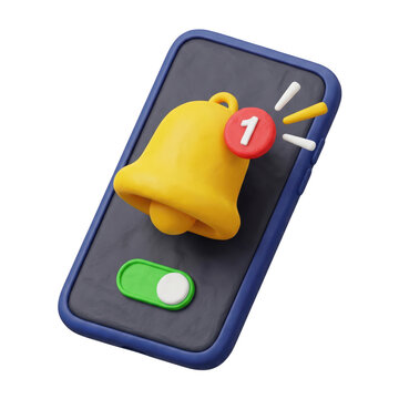 3d smartphone icon with yellow notification bell and toggle switch for mobile app alerts. isolated on transparent background, png