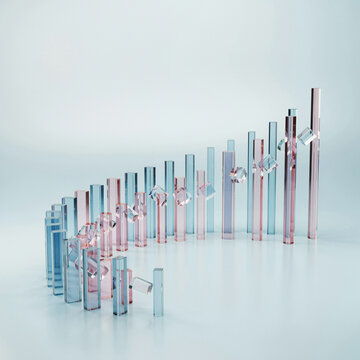 Abstract arrangement of translucent blue and pink glass rectangular prisms on a white background with abstract geometric translucent minimalist transparent refraction structure composition
