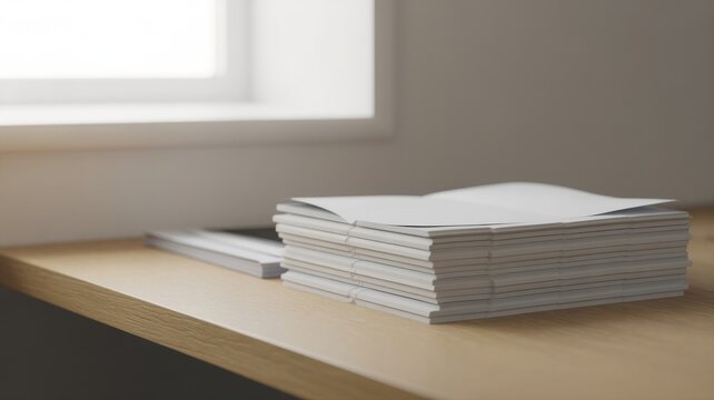 A stack of white paper documents resting on a wooden desk near a bright office window