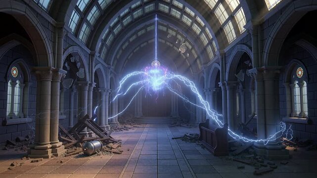 Pulsing core reacting to pulse, emitting beam and branching lightning through hall, lighting tank