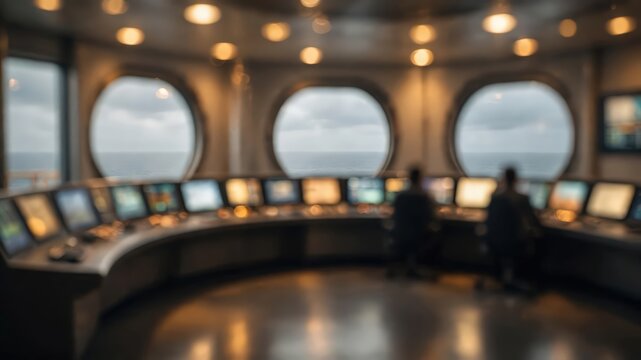 Ship bridge control room blurred background with computer monitors and ocean view through round windows, professional maritime navigation center interior for technology concepts