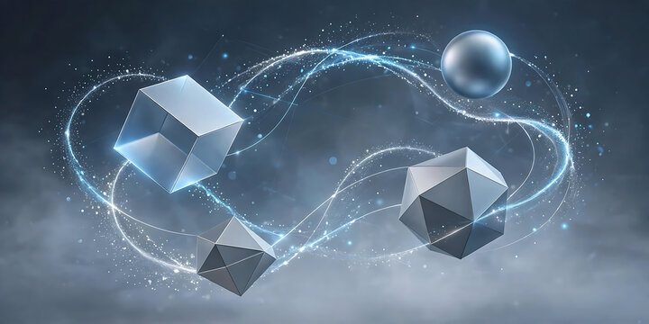 Abstract Futuristic 3D Geometric Shapes with Glowing Light Trails