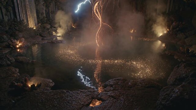 Descending glowing braided tendrils from cave ceiling opening touching pool, forming spark trail