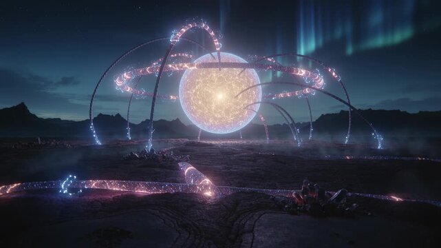 Increasing glow, glowing orb sending energy through rings and conduits to lit nodes on alien plain