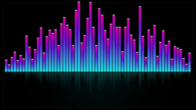 Vibrant sound wave equalizer pulses with blue and pink lights against a black background, reflecting on a dark surface, perfect for music or technology themes.