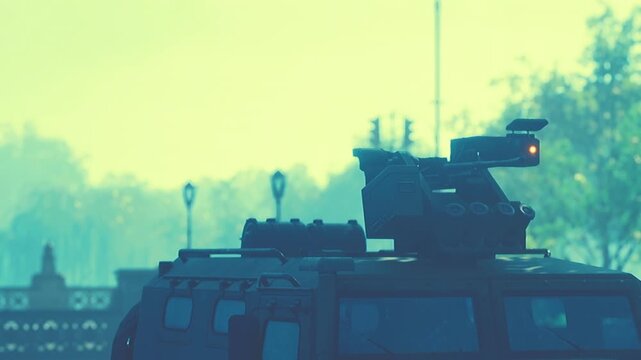 In a city shrouded in mist, a modern military vehicle stands ready. Surveillance equipment glints in the soft light as it monitors the surroundings, showcasing advanced technology.