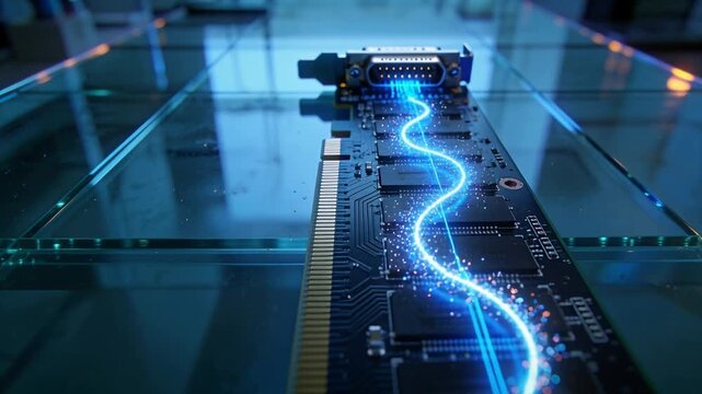 Appearing at connector end, blue ribbon pulsing down memory module on glass table