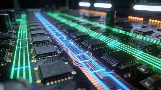 Pulsing PCB sending blue wave along traces in studio as dolly moves, lighting LEDs, showing flow