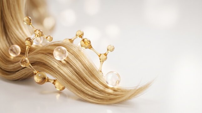Macro close up of blonde hair strand with glowing molecular structure representing keratin repair