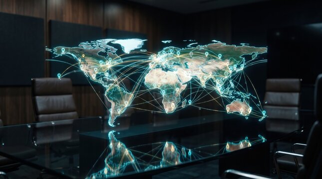 Glowing 3D holographic world map with connection lines and location pins floating over a conference table in a dark office