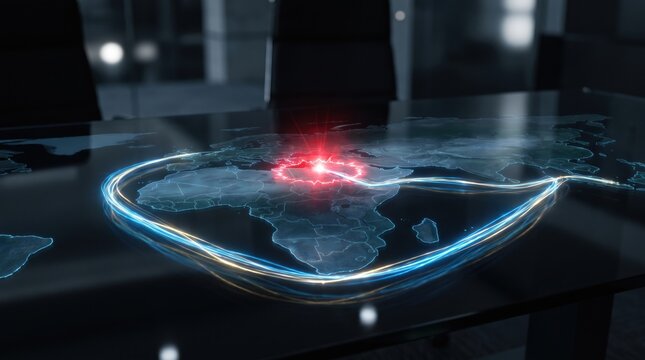 Glowing digital world map with a bright red flash and light trails on a dark office desk representing global crisis or cyber attack