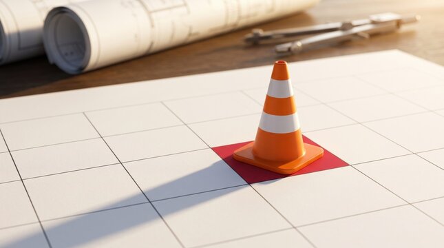Orange traffic cone standing on an architectural blueprint grid representing construction and planning