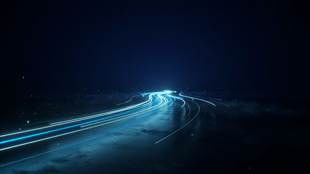 Abstract glowing blue light trails representing high speed data transmission on a dark background with abstract transmission technology futuristic communication connection information computing
