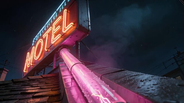 Glowing neon MOTEL sign and pink tube shedding beads on wet roof as rain triggers steam