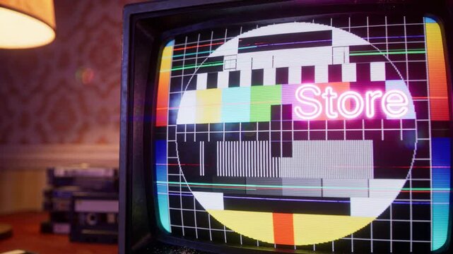 Panning camera bringing CRT television closer to reveal test pattern and neon Store overlay in den