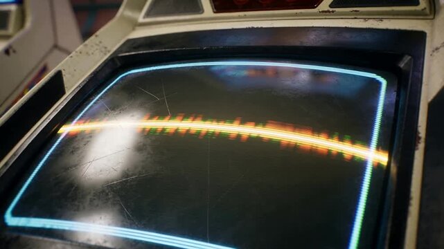 Displaying curved CRT receiving signal in arcade cabinet, pulsing cyan border orange green waveform