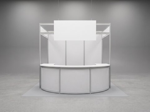 Empty white trade show booth or exhibition stand with curved reception counter and blank advertising banner, 3D rendered mockup for event and product display