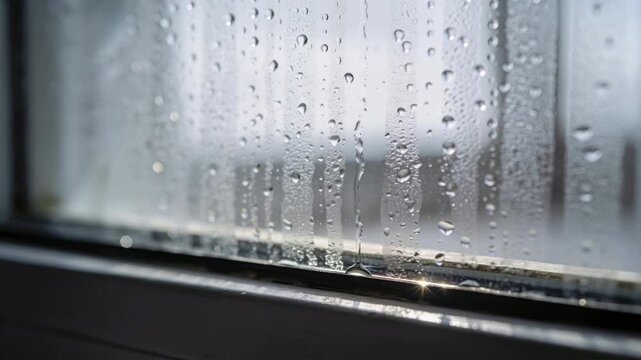 Merging raindrop cluster stretching into elongated droplet on closed window pane, sliding to sill